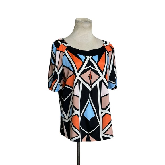 Glam black pink geometric print short sleeves blouse size Medium - Picture 8 of 8